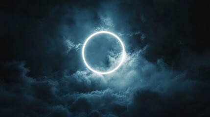 Fototapeta premium Fog cloud illuminated with striking white neon ring, great detail, dark night atmosphere generative ai
