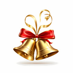 A shiny golden Christmas bell adorned with a bright red ribbon bow, embodying festive joy and holiday celebration, set against a transparent background 