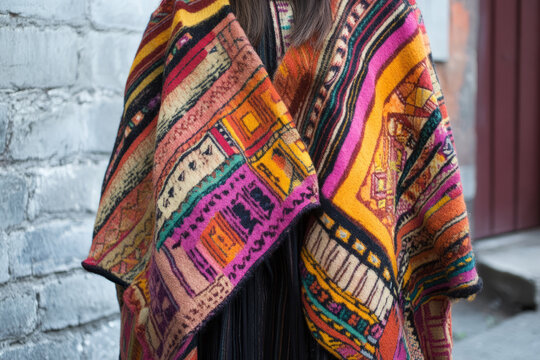 Textured Peruvian handwoven wool poncho, colorful Andean geometric patterns in thick, warm fabric.