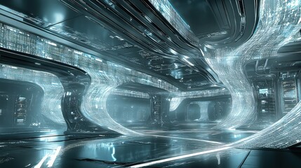 A massive futuristic server room with glowing data streams flowing through transparent cables, forming complex data patterns that light up the entire room