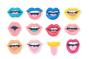 Bundle of vintage magazine women's mouths stickers, Design from vintage 90's magazine, isolated on white background
