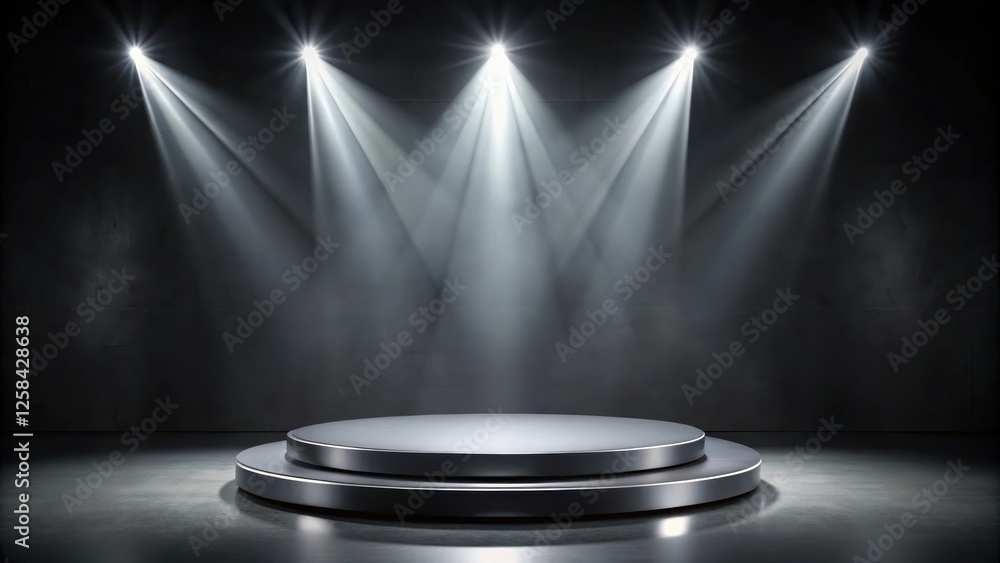 Poster empty stage with spotlights and a circular platform for presentations or product displays