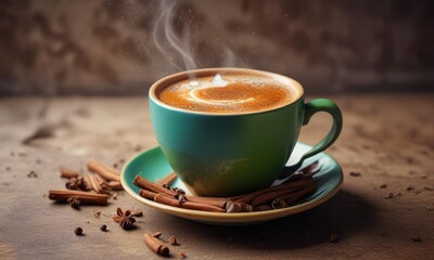 Obraz premium Colorful cup of coffee with a sprinkle of cinnamon, morning drink, colorful sprinkles