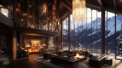 Luxurious mountain lodge living room with fireplace and panoramic views.
