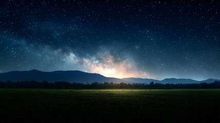 Fototapeta premium Stunning Night Sky Over Field And Mountains Panorama