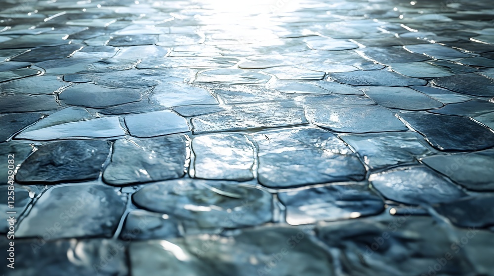 Poster close-up view of wet cobblestone path, showcasing its texture and pattern in a detailed shot.