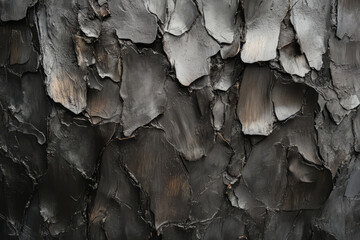 Textured tree bark, deep cracks and rough layers in dark brown and gray, enhanced by natural lighting.