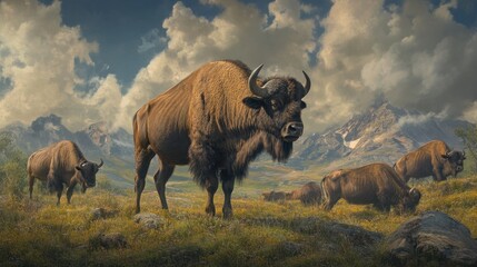 Majestic Bison in Mountainous Landscape: A Digital Painting