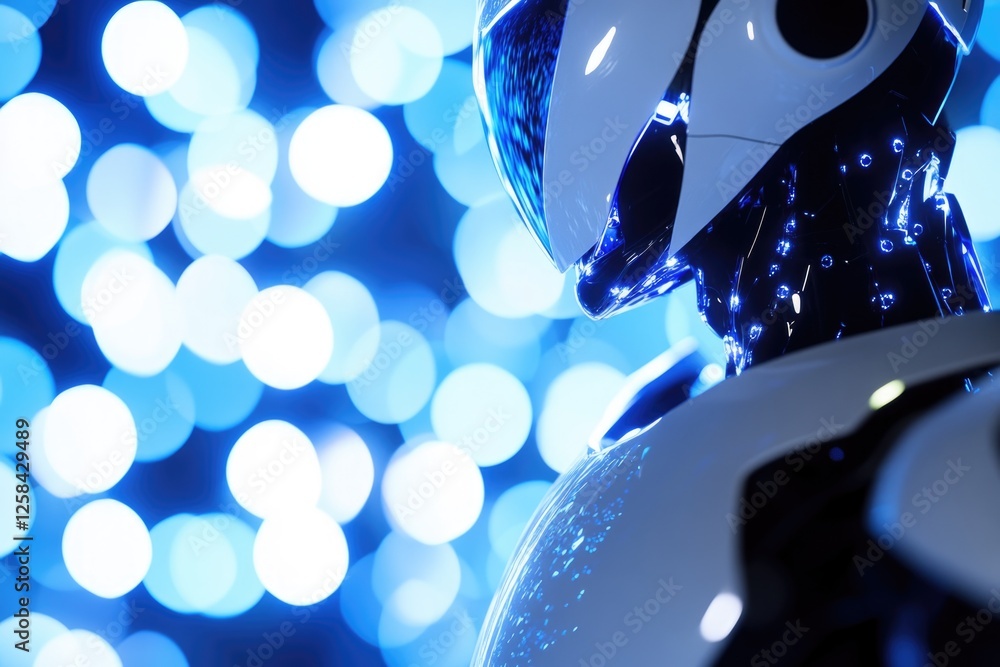 Poster Close-up shot of a robot with glowing lights in the background, suitable for tech-related concepts or futuristic scenes