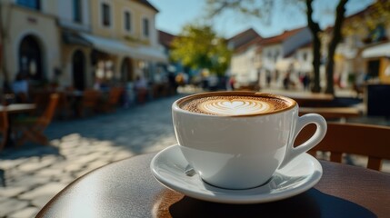A single cup of coffee sits on a table, ready to be enjoyed