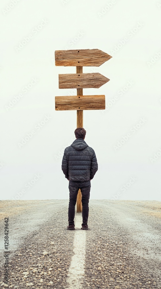 Poster Man standing at a foggy crossroads with three arrows pointing in different directions, contemplating choices in a mysterious landscape representing life's journey