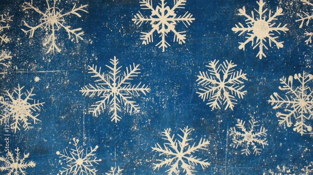 Poster elegant snowflakes patterned on aged azure backdrop with delicate details