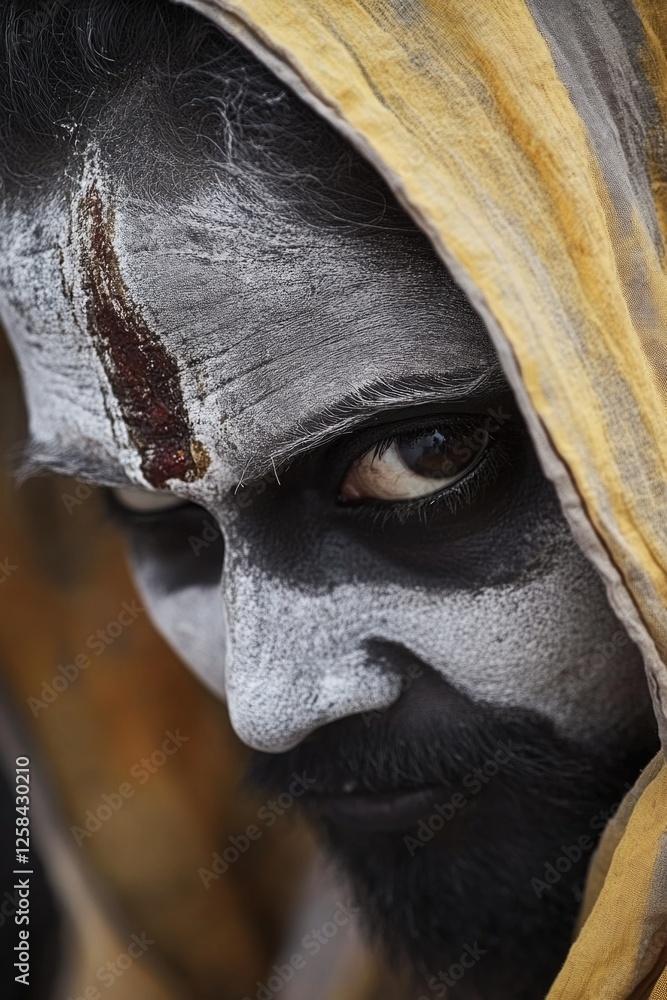 Poster a close-up shot of a person with a painted face, suitable for use in creative or artistic contexts