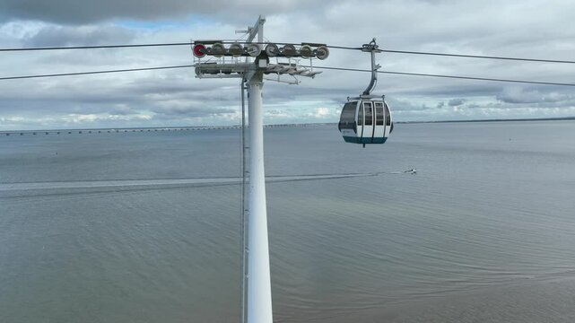 Telecabine Lisboa at Park of Nations (Parque das Nacoes). Cable car in the modern district of Lisbon over the Tagus river on a Summer day. 4k
