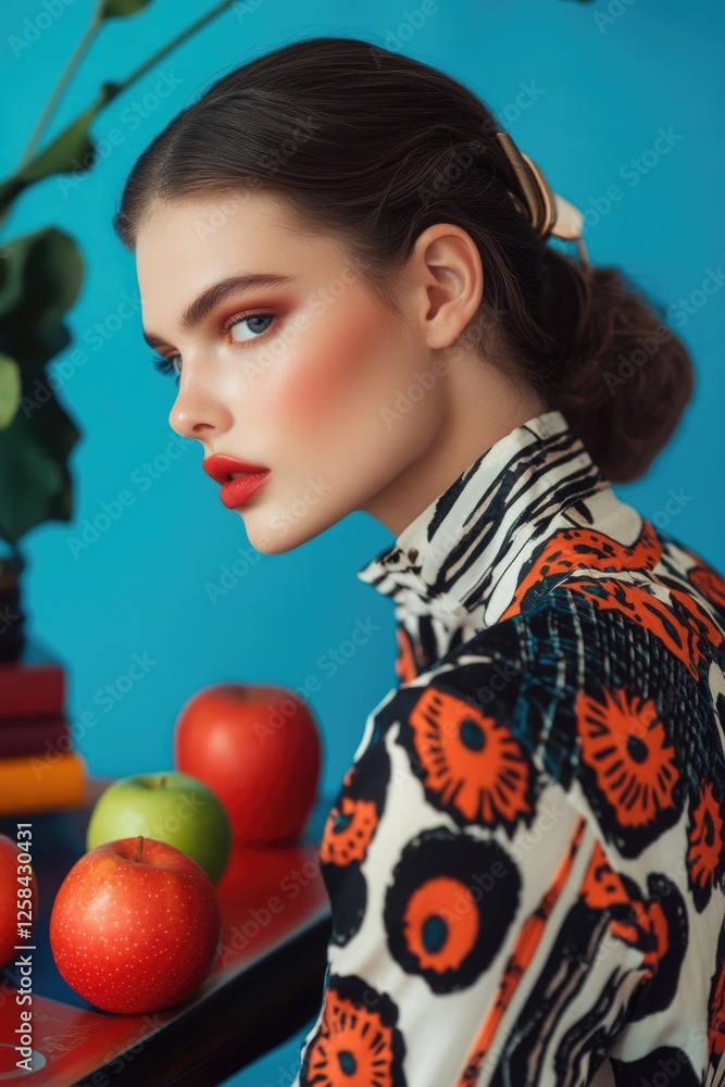 Poster a woman sits at a table surrounded by apples