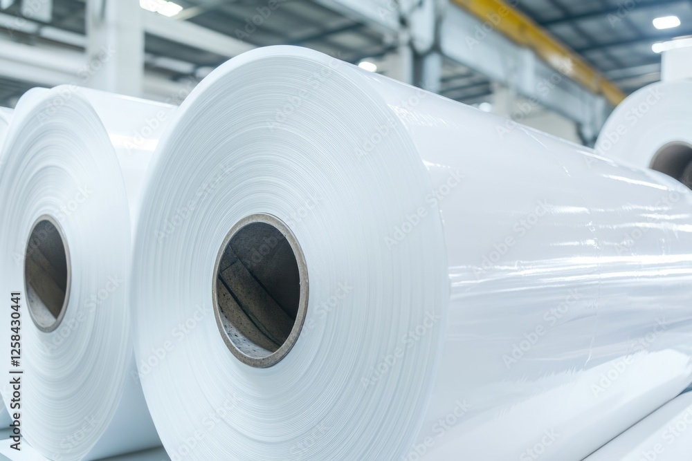 Poster Multiple rolls of white paper stacked in a factory setting, ideal for use in industrial or office environments