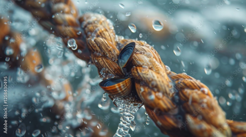 Poster A rope submerged in water showcases clinging mollusks while droplets form and shimmer in the sunlight in an ocean setting.