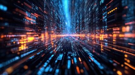 Abstract digital data stream, glowing tunnel of binary code.