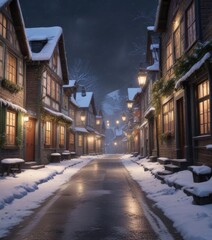 Fototapeta premium Snow-covered village street during the holiday season, festive, village, snow