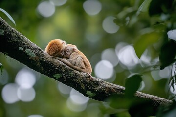 Obraz premium Two adorable baby monkeys cuddling on a tree branch, nestled together in a peaceful sleep amidst lush green foliage.
