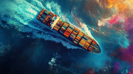 Obraz premium Aerial view of a cargo ship sailing on vibrant ocean waves.
