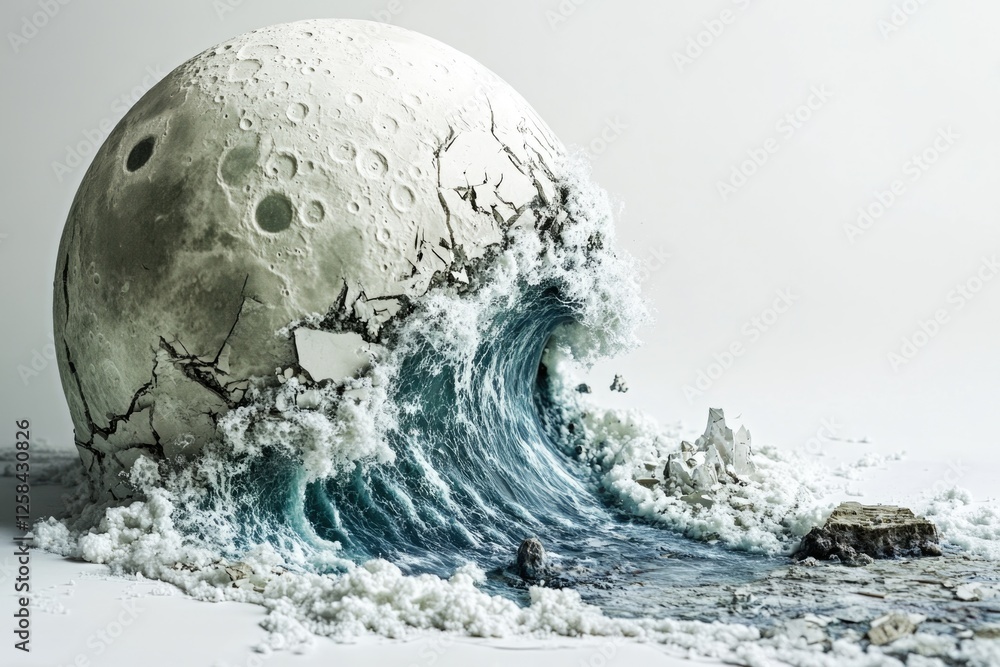 Poster A large white sphere with a significant wave emanating from it, ideal for use in illustrations about water or energy