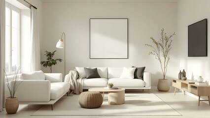 Serene Neutral Tones: A minimalist living room with soft beige walls, simple white furniture, and subtle wood accents.