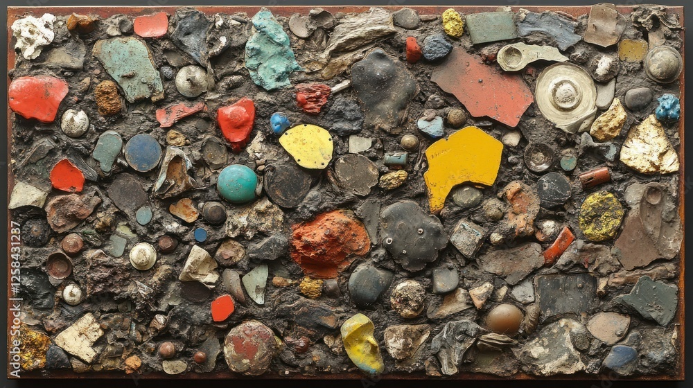 Poster abstract assemblage art: a textured composition of found objects
