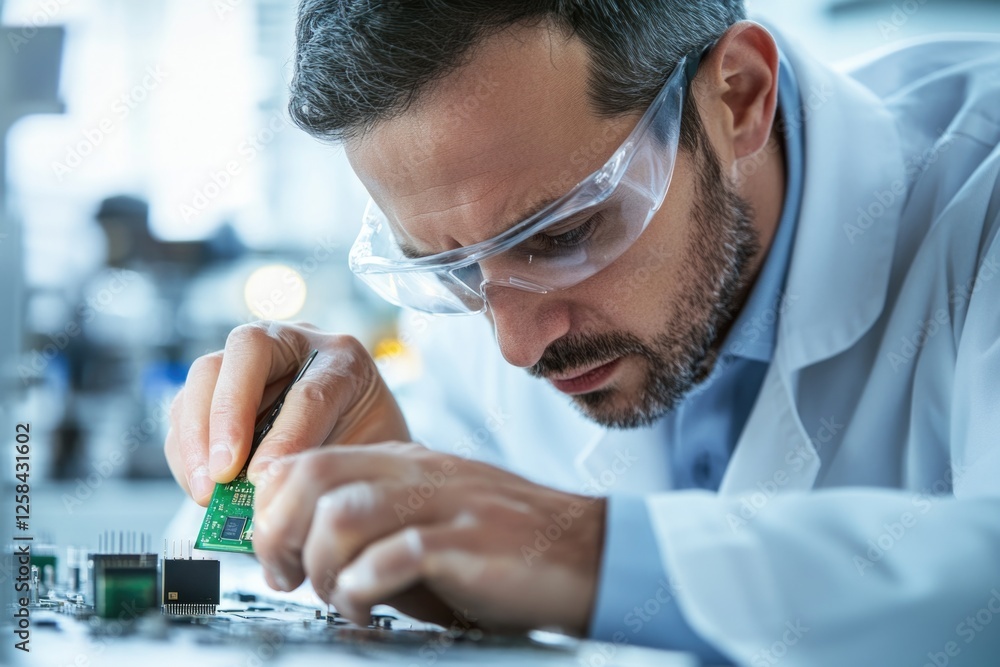 Poster a person in a lab coat is working on a circuit board, possibly designing or repairing an electronic 