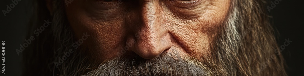 Poster a close-up shot of a man with a long beard, great for use in editorial or commercial settings where 