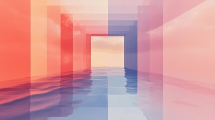 Tranquil water reflects a colorful gateway to a serene sunset. A dreamy, surreal seascape.