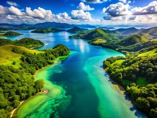 Aerial Drone Shot of Serene Blue Waters and Lush Green Landscape