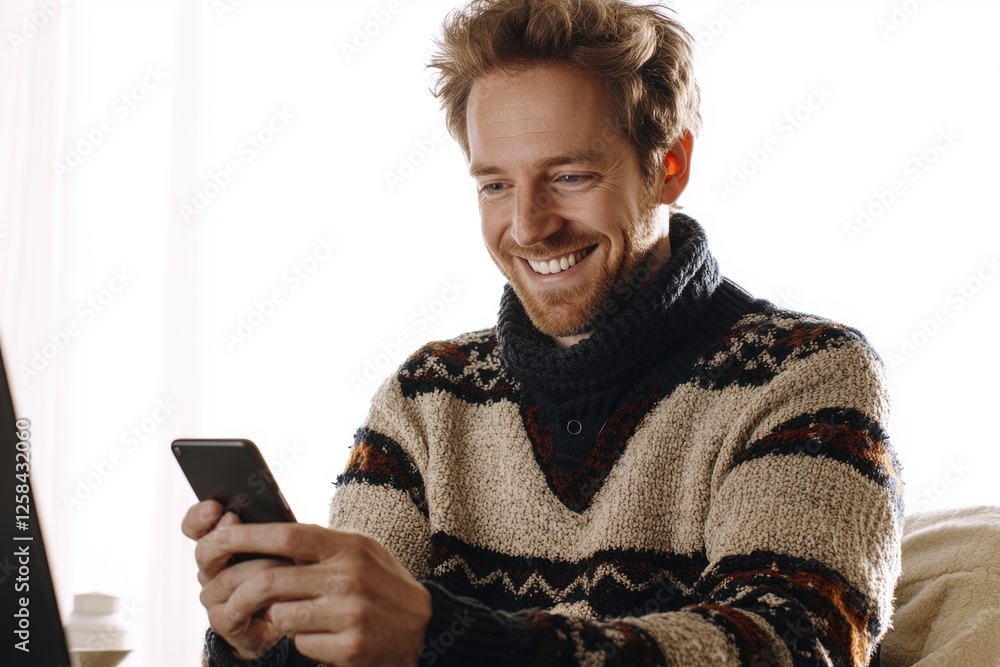 Poster man sitting on a couch using a cell phone, great for technology and daily life themes