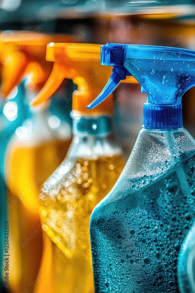 Poster a close-up view of a spray bottle resting on a rack, ready for use