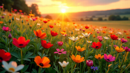 Fototapeta premium Wildflower Meadow at Sunset, Romantic Landscape