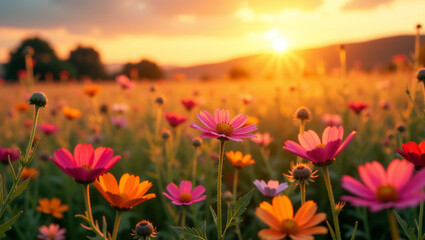Fototapeta premium Wildflower Meadow at Sunset, Romantic Landscape