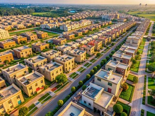 Fototapeta premium Aerial Drone View: Modern Karachi Housing Estate, Dolly Forward Tilt Down Shot