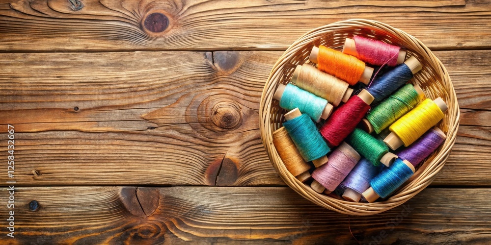 Poster A Colorful Collection of Thread Spools in a Woven Basket on a Rustic Wooden Surface