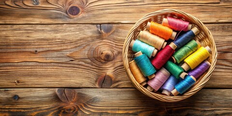 A Colorful Collection of Thread Spools in a Woven Basket on a Rustic Wooden Surface