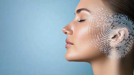 A woman is captured in profile as digital facial recognition patterns emerge around her face in a futuristic design