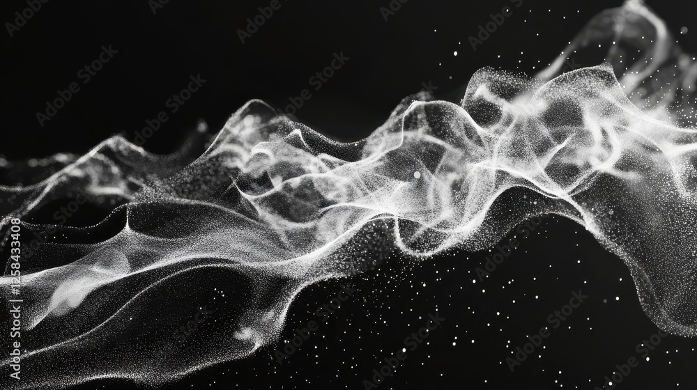 Poster elegant white particle streams flowing on a deep black background