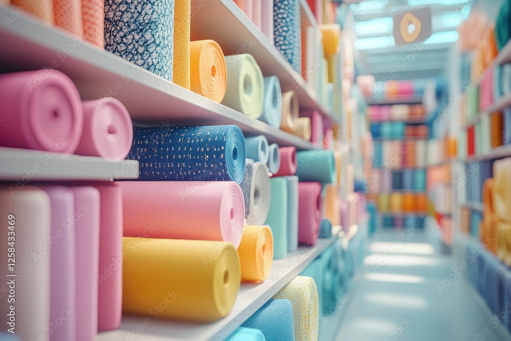 Poster a vibrant display of rolled fabrics in various colors organized neatly on shelves, creating a visual
