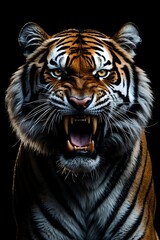 Fototapeta premium Majestic Roaring Tiger with Striking Features, A fierce tiger with vibrant stripes and an intense expression, perfect for wildlife enthusiasts and art projects.