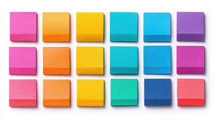 A vibrant arrangement of colorful square sponges in various shades, showcasing a mix of pink, yellow, blue, and orange hues in a neat grid pattern.