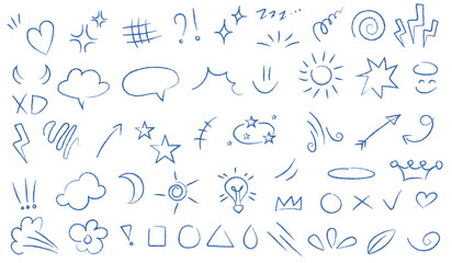 Fototapeta premium Hand drawings of characters, doodle of stars, emoji, chat cloud, idea, swirl, sun, arrow, shapes, crown and more. Vector on transparent background