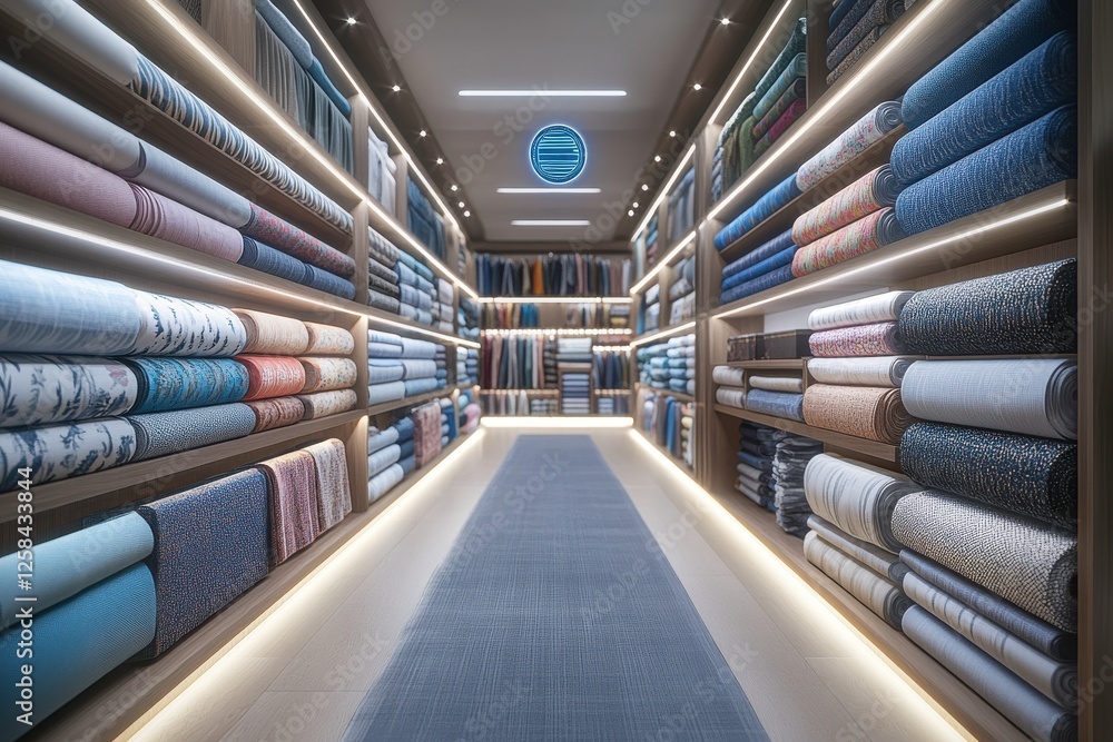 Poster a vibrant fabric store showcasing neatly stacked textiles in various colors, offering a wide selecti