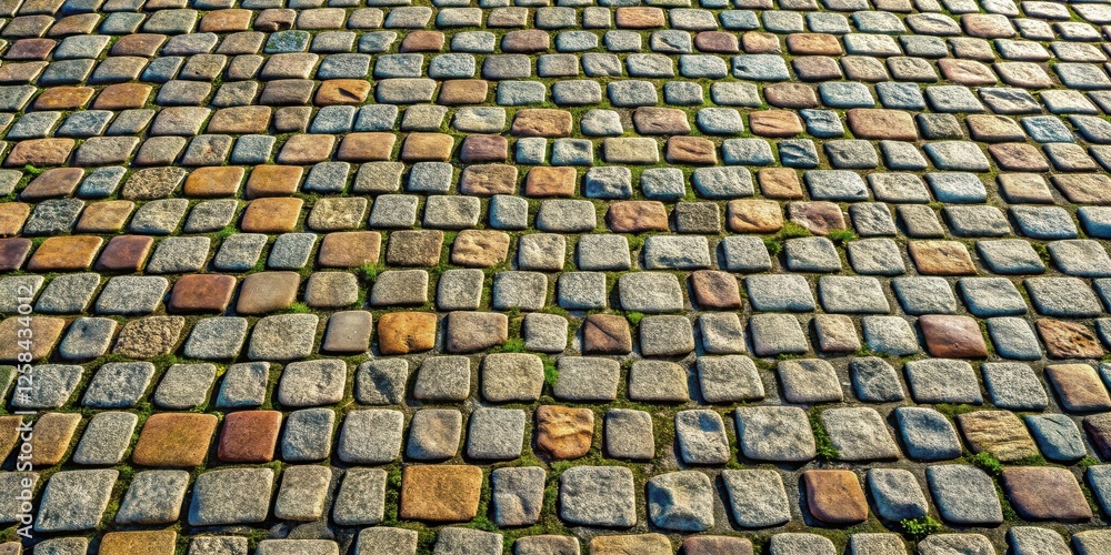 Poster cobblestone pathway with interstitial vegetation a textured surface featuring irregularly shaped sto