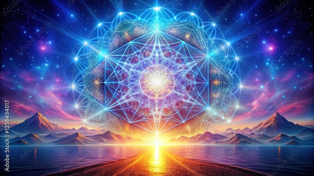 Poster celestial geometry a serene landscape at sunrise with interconnected lines of light and a sacred geo