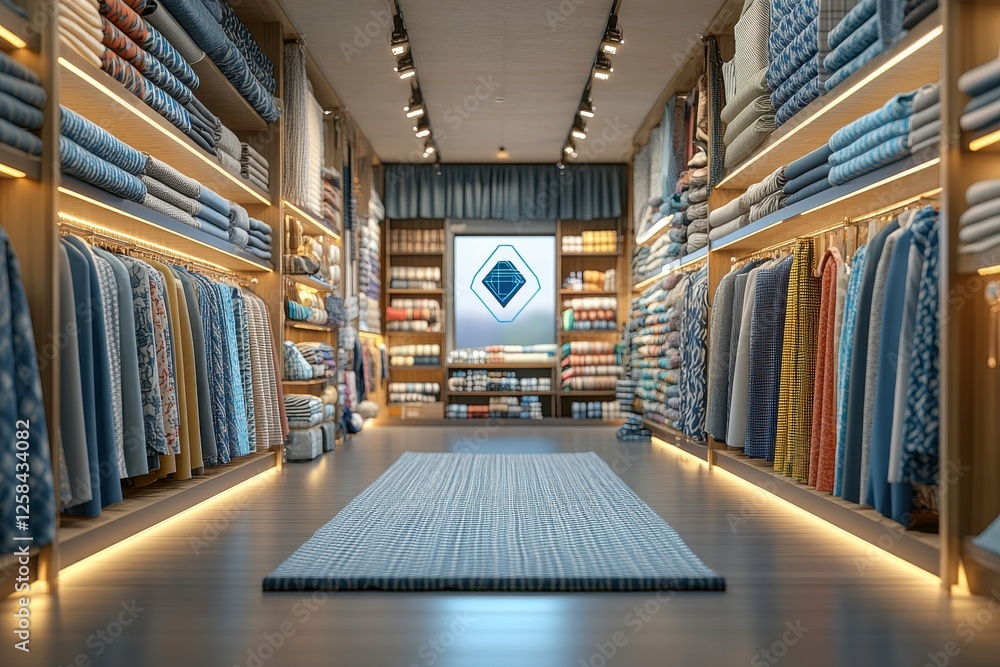 Poster a vibrant fabric store showcasing neatly arranged textiles and rolls, illuminated with warm lighting