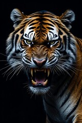 Naklejka premium Majestic Roaring Tiger with Striking Features, A fierce tiger with vibrant stripes and an intense expression, perfect for wildlife enthusiasts and art projects.